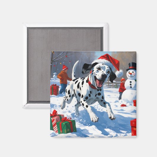 クリスマスの帽子をかぶったダルメシアンの雪中奔走 マグネット (正面/裏面)