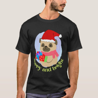 クリスマスの帽子をかぶったパグの仔犬にクリスマスプレゼント Tシャツ