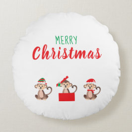 クリスマスの帽子をかぶったメリークリスマスのサル ラウンドクッション