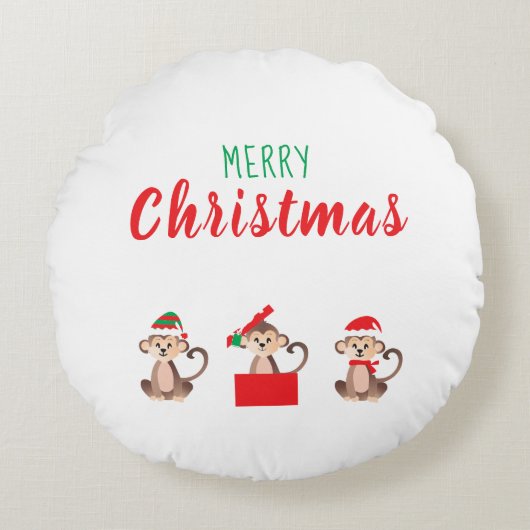クリスマスの帽子をかぶったメリークリスマスのサル ラウンドクッション (正面)