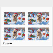 クリスマスの帽子をかぶったラブラドール犬が雪の中を走る 長方形シール (シート)