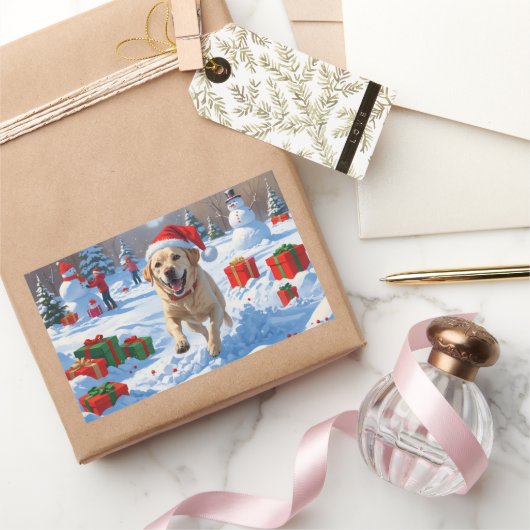 クリスマスの帽子をかぶったラブラドール犬が雪の中を走る 長方形シール (ギフト)