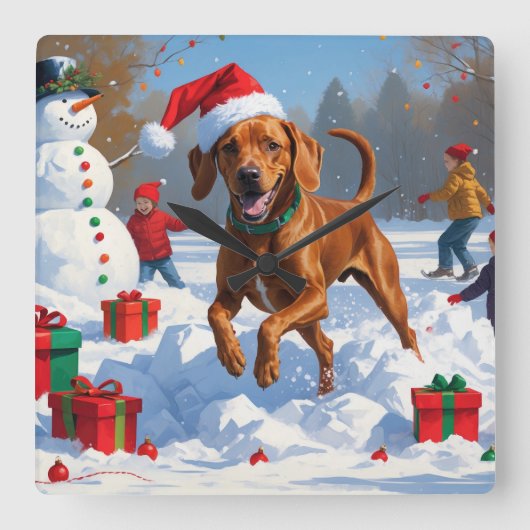 クリスマスの帽子をかぶったヴィズラの雪中でのランニング スクエア壁時計 (正面)