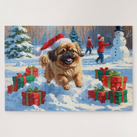 クリスマスの帽子をかぶった北京原産犬の雪の中でのランニング ジグソーパズル (横)
