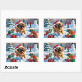 クリスマスの帽子をかぶった北京原産犬の雪の中でのランニング 長方形シール (シート)