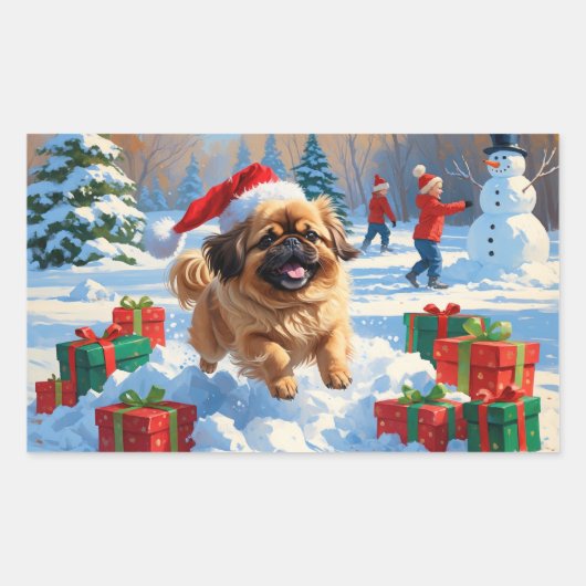 クリスマスの帽子をかぶった北京原産犬の雪の中でのランニング 長方形シール (正面)