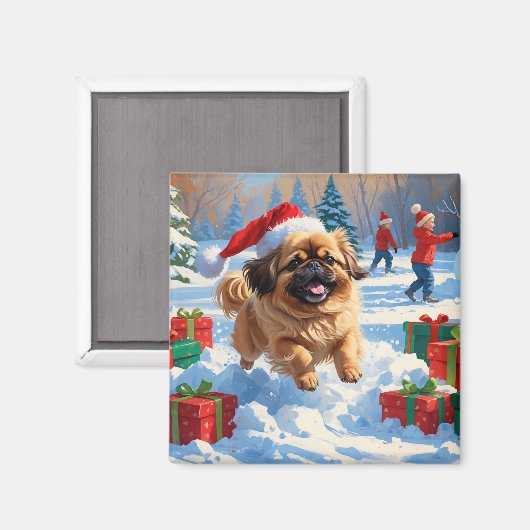 クリスマスの帽子をかぶった北京原産犬の雪の中の走り マグネット (正面/裏面)