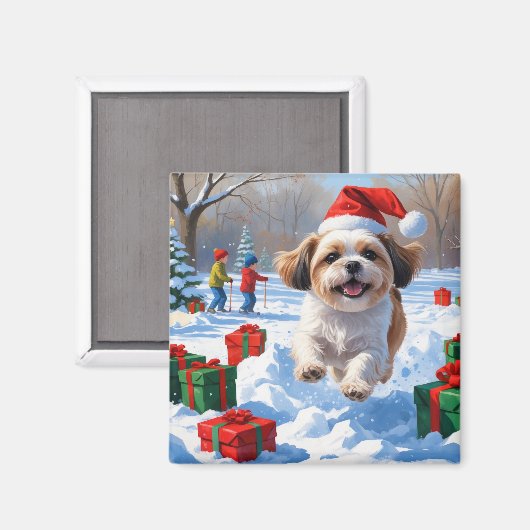 クリスマスの帽子をかぶった雪の中を走るシーズー マグネット (正面/裏面)