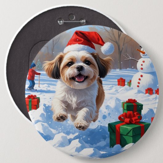 クリスマスの帽子をかぶった雪の中を走るシーズー 缶バッジ (正面&裏面)