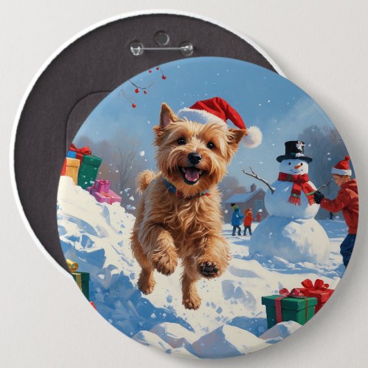 クリスマスの帽子をかぶって雪の中を走るウィートテリア 缶バッジ (正面&裏面)