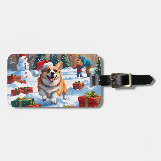 クリスマスの帽子をかぶって雪の中を走るコーギー ラゲッジタグ (正面横)