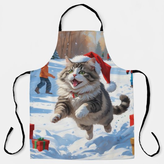 クリスマスの帽子をかぶって雪の中を走るシベリアンキャット エプロン (正面)