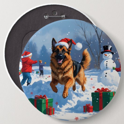 クリスマスの帽子をかぶって雪の中を走るジャーマンシェパード 缶バッジ (正面&裏面)