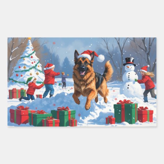 クリスマスの帽子をかぶって雪の中を走るジャーマンシェパード 長方形シール (正面)