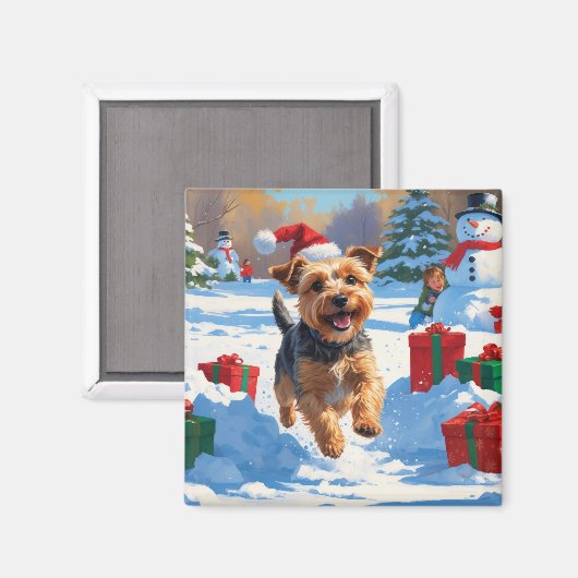 クリスマスの帽子をかぶって雪の中を走るスカイテリア マグネット (正面/裏面)