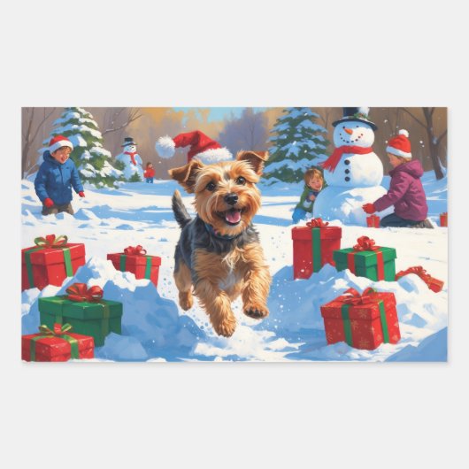 クリスマスの帽子をかぶって雪の中を走るスカイテリア 長方形シール (正面)