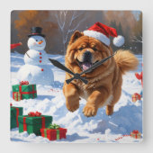クリスマスの帽子をかぶって雪の中を走るチャウチャウ スクエア壁時計 (正面)