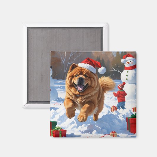 クリスマスの帽子をかぶって雪の中を走るチャウチャウ マグネット (正面/裏面)