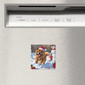 クリスマスの帽子をかぶって雪の中を走るチャウチャウ マグネット (インサイチュ (食洗機))