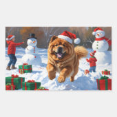 クリスマスの帽子をかぶって雪の中を走るチャウチャウ 長方形シール (正面)