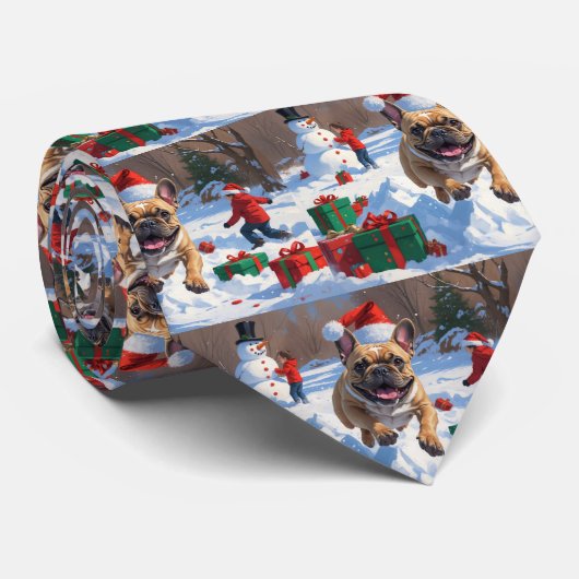 クリスマスの帽子をかぶって雪の中を走るフレンチブルドッグ ネクタイ (ロール)