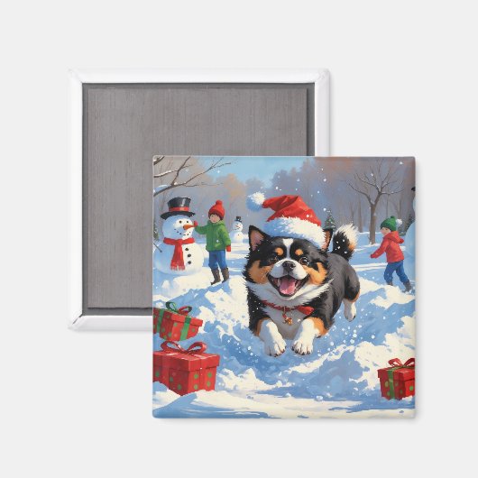 クリスマスの帽子をかぶって雪の中を走る日本狆 マグネット (正面/裏面)