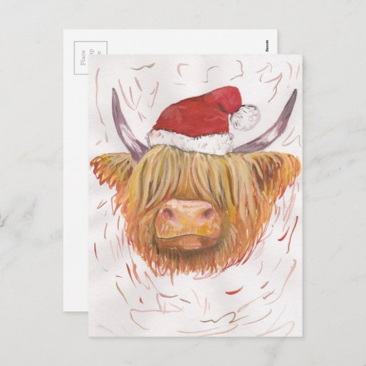 クリスマスの帽子を持つクリスマスの鳴き声の高地牛 シーズンポストカード (正面/裏面)