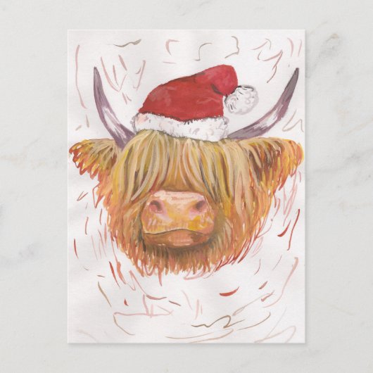 クリスマスの帽子を持つクリスマスの鳴き声の高地牛 シーズンポストカード (正面)