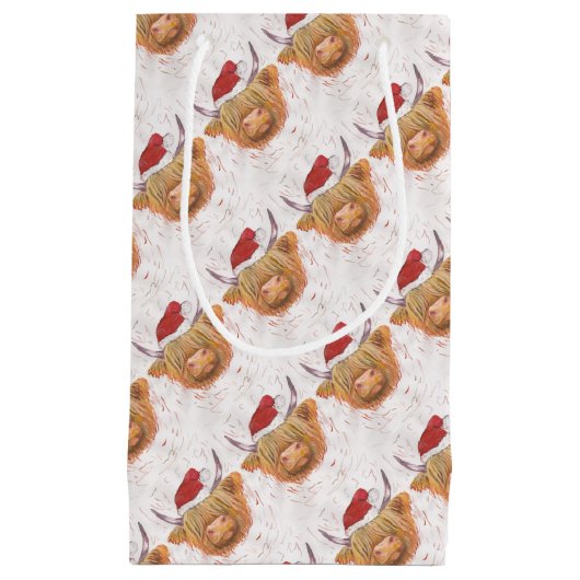 クリスマスの帽子を持つクリスマスの鳴き声の高地牛 スモールペーパーバッグ (正面)