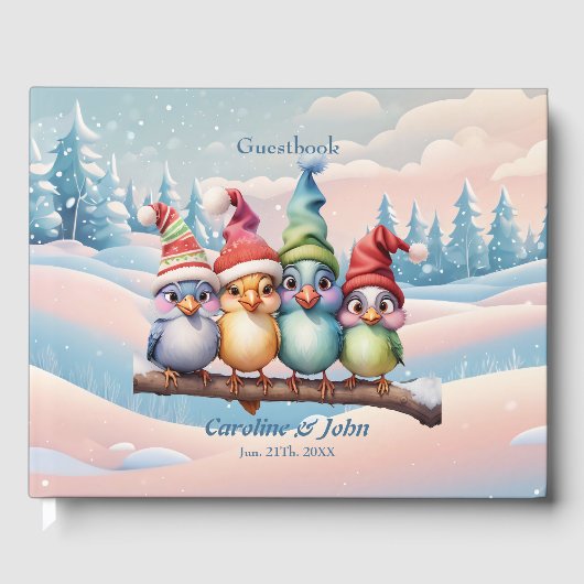 クリスマスの帽子を持つ可愛いファンタジー鳥。 ゲストブック (正面)