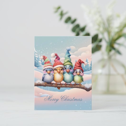 クリスマスの帽子を持つ可愛いファンタジー鳥。 シーズンカード (スタンド正面)