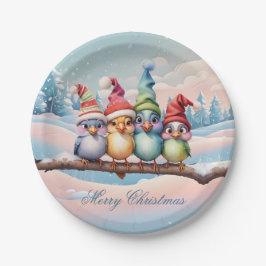 クリスマスの帽子を持つ可愛いファンタジー鳥。 ペーパープレート