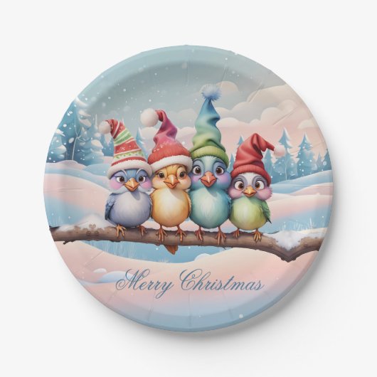 クリスマスの帽子を持つ可愛いファンタジー鳥。 ペーパープレート (正面)