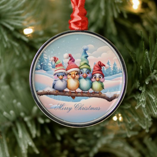 クリスマスの帽子を持つ可愛いファンタジー鳥。 メタルオーナメント (ツリー)