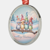 クリスマスの帽子を持つ可愛いファンタジー鳥。 メタルオーナメント (左)