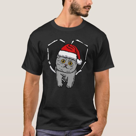 クリスマスの帽子ハートの穴のボロボロの猫の顔 Tシャツ (正面)