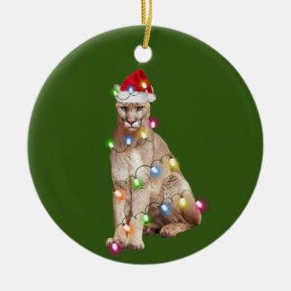 クリスマスの帽子付きクーガー セラミックオーナメント