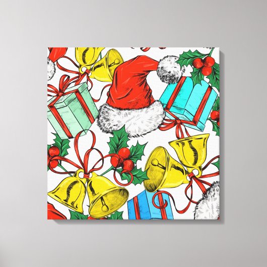 クリスマスの帽子、贈り物と鐘 キャンバスプリント (正面)