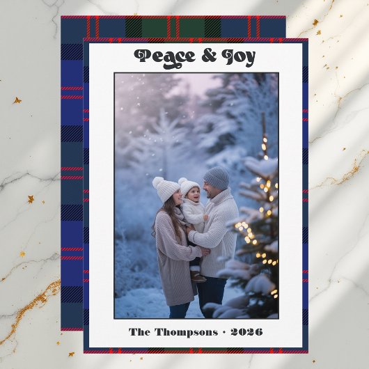 クリスマスの平和と喜びのチェック柄 ファミリー写真 シーズンカード