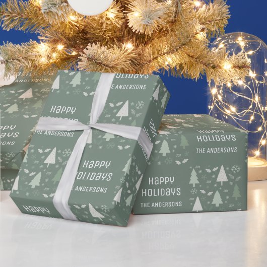 クリスマスの幸せな休日 セージグリーン ラッピングペーパー (クリスマス)