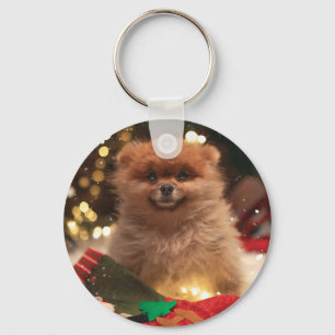 クリスマスの幸せな子犬 キーホルダー
