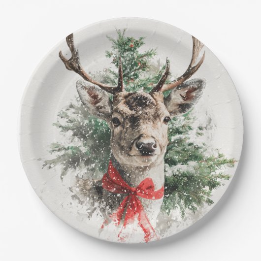 クリスマスの幻想的なシカの紙皿 ペーパープレート (正面)
