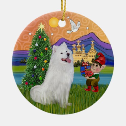 クリスマスの幻想 - サモエド セラミックオーナメント (正面)