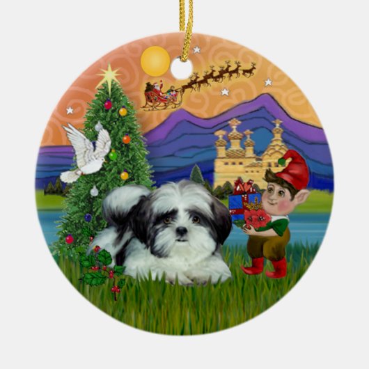 クリスマスの幻想 - シ Shih Tzu (黒白) セラミックオーナメント (正面)