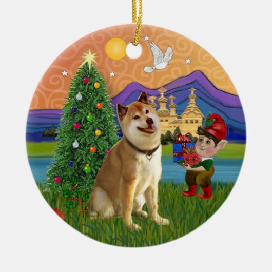 クリスマスの幻想 - 柴犬 セラミックオーナメント (正面)
