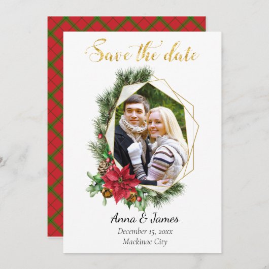 クリスマスの幾何学的な写真日付を保存 セーブザデート (正面/裏面)