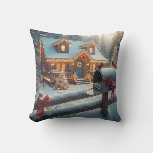 クリスマスの心地よい山小屋 冬のワンダーランド クッション (正面)