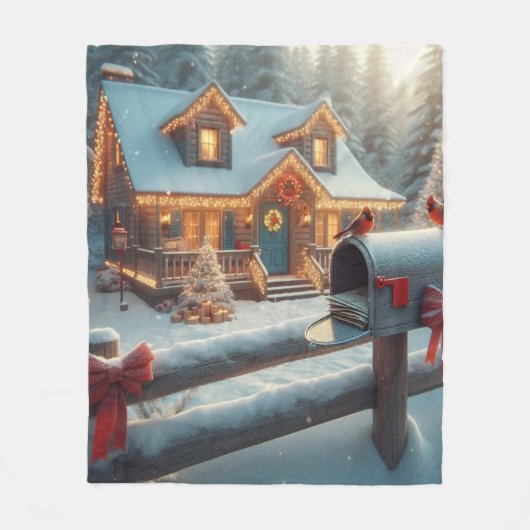 クリスマスの心地よい山小屋 冬のワンダーランド フリースブランケット (正面)