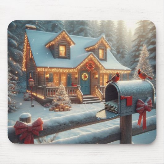 クリスマスの心地よい山小屋 冬のワンダーランド マウスパッド (正面)