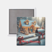 クリスマスの心地よい山小屋 冬のワンダーランド マグネット (正面/裏面)